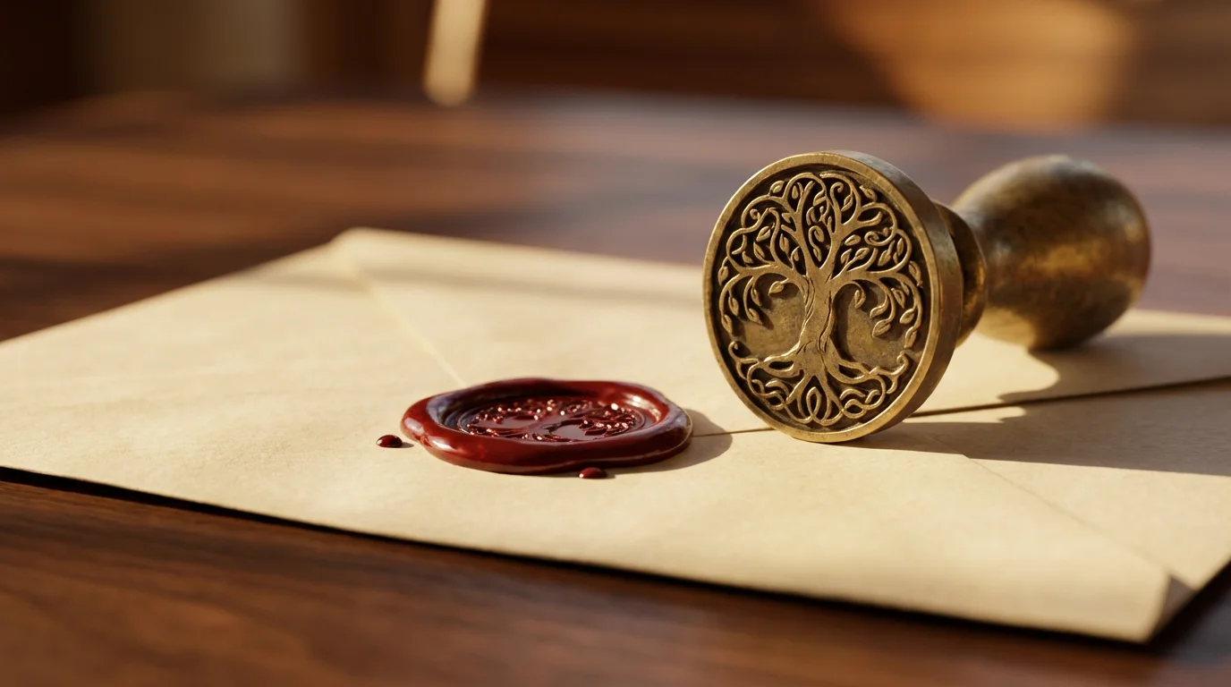 Close-up of a brass wax seal stamp and red wax on a document.
