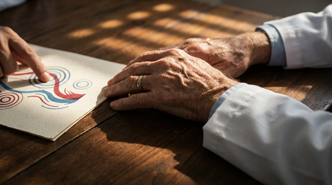 Close-up of a doctor's hand explaining a health chart to a senior patient.
