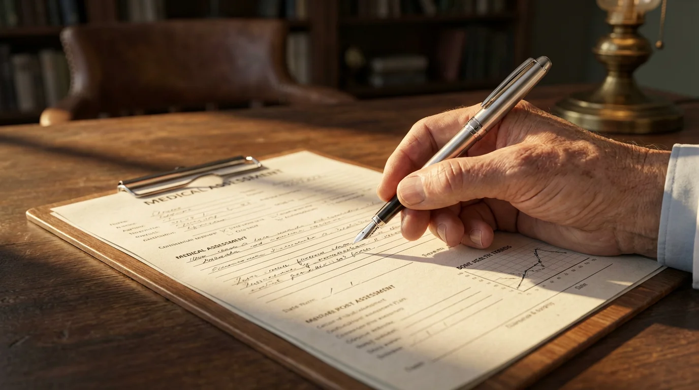 Close-up of a doctor's hand with a pen over a medical chart during golden hour.