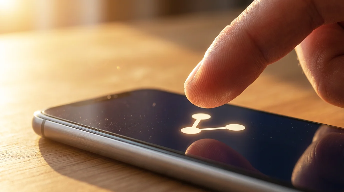 Close-up of a finger about to tap a minimalist share icon on a smartphone.