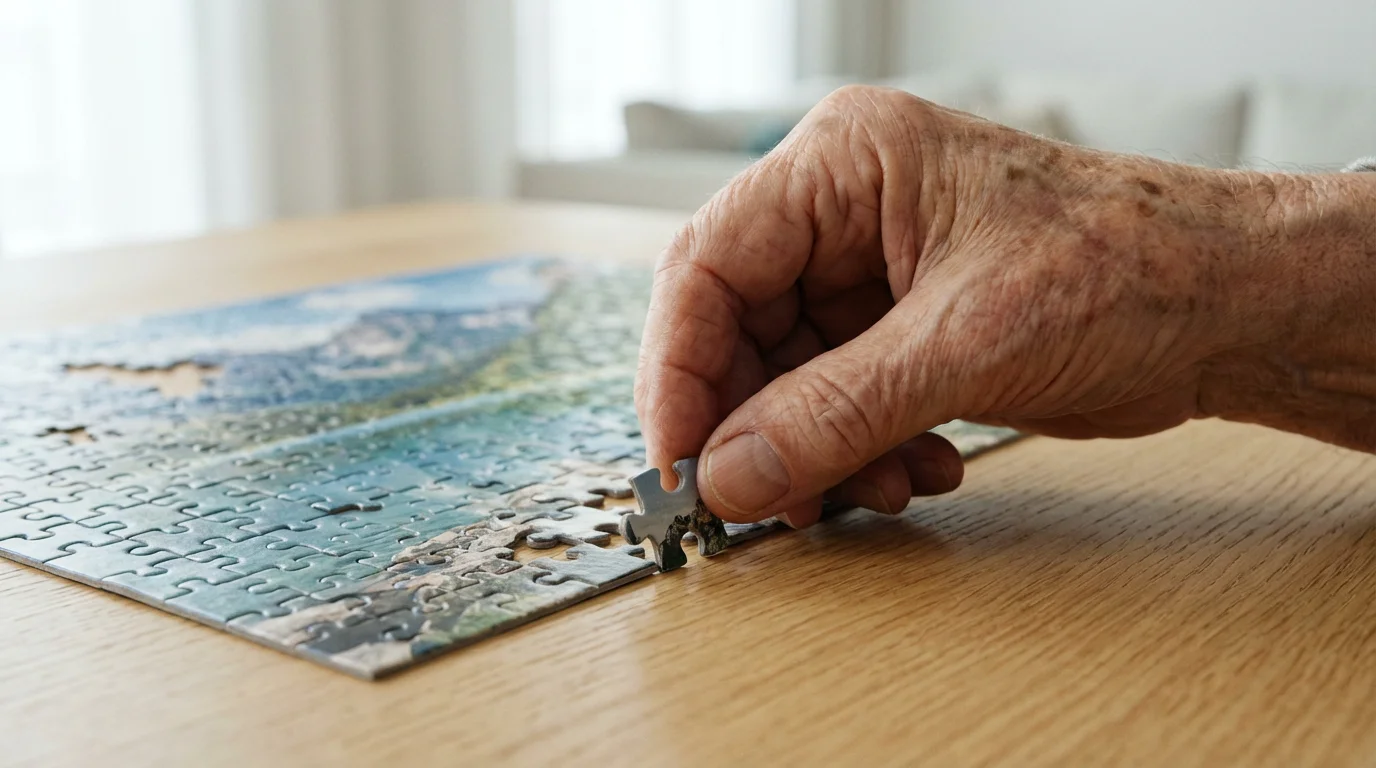 Close-up of a hand placing the last piece into a jigsaw puzzle.
