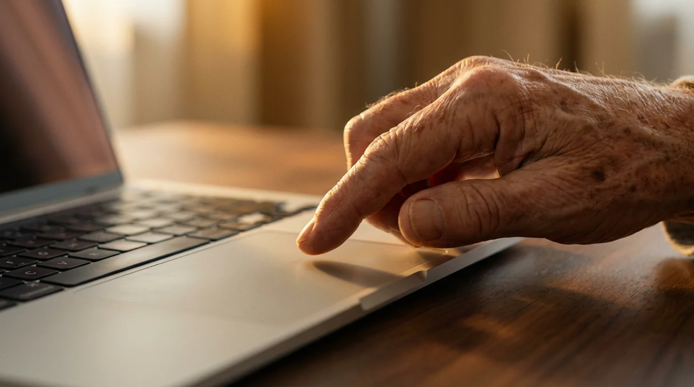 Close-up of a senior person's hand pausing cautiously over a laptop trackpad.