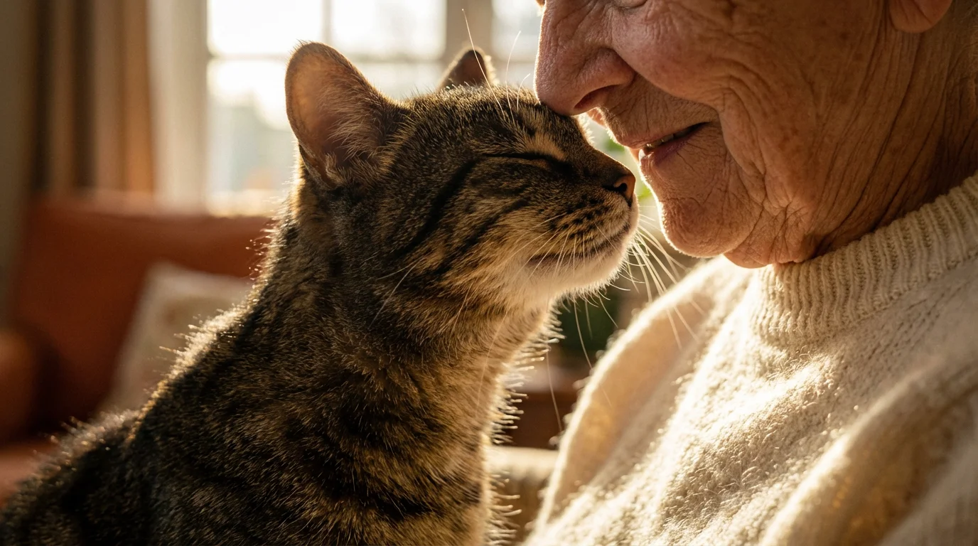 Close-up of a senior tabby cat affectionately nuzzling an elderly person's cheek at golden hour.
