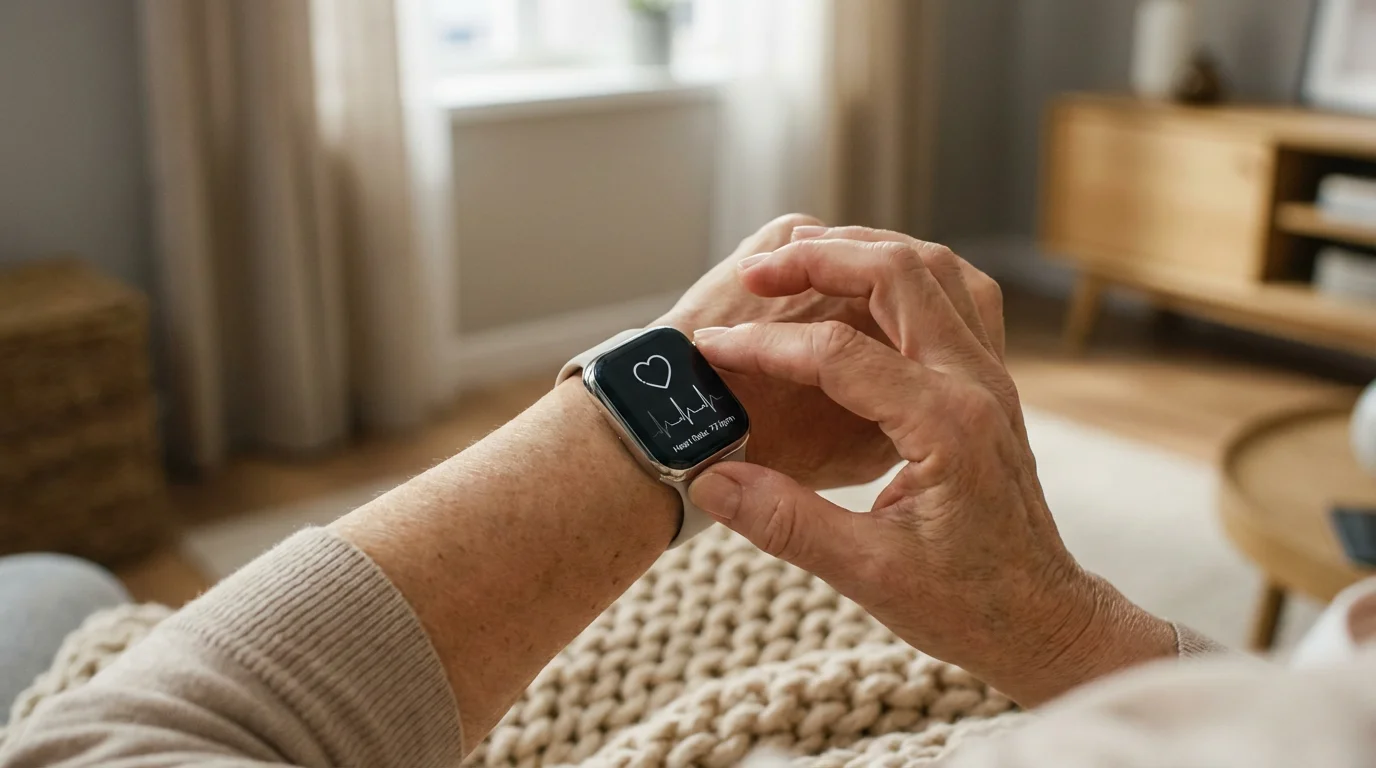Close-up of a senior woman's wrist wearing a smartwatch with a health-tracking display.