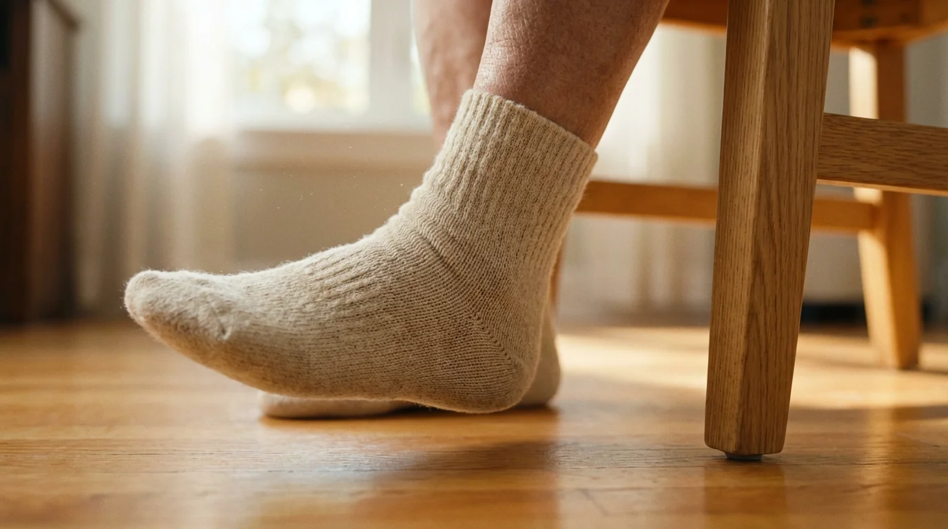 Close-up of a senior's foot in a sock performing a gentle, seated chair exercise.