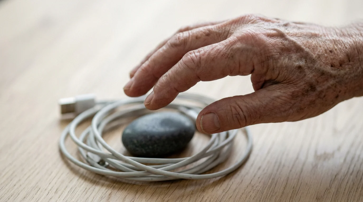 Close-up of a senior's hand deciding between keeping a smooth stone or discarding old cables.