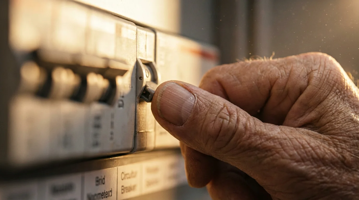 Close-up of a senior's hand flipping a switch on a home circuit breaker panel.