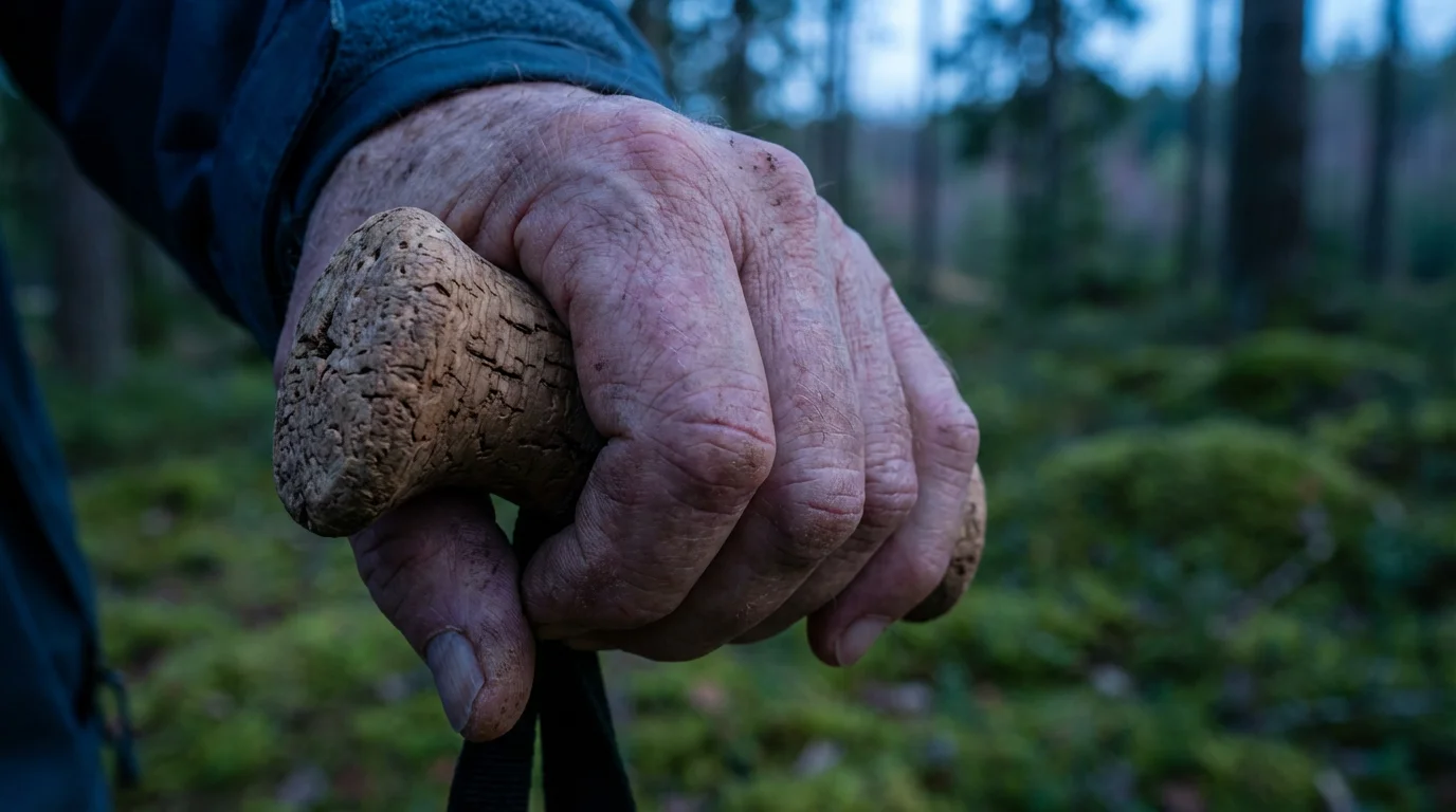 Close-up of a senior's hand holding a trekking pole handle on a forest trail.