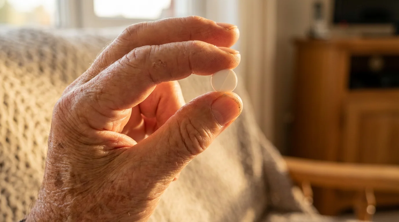 Close-up of a senior's hand holding and inspecting a single white pill.