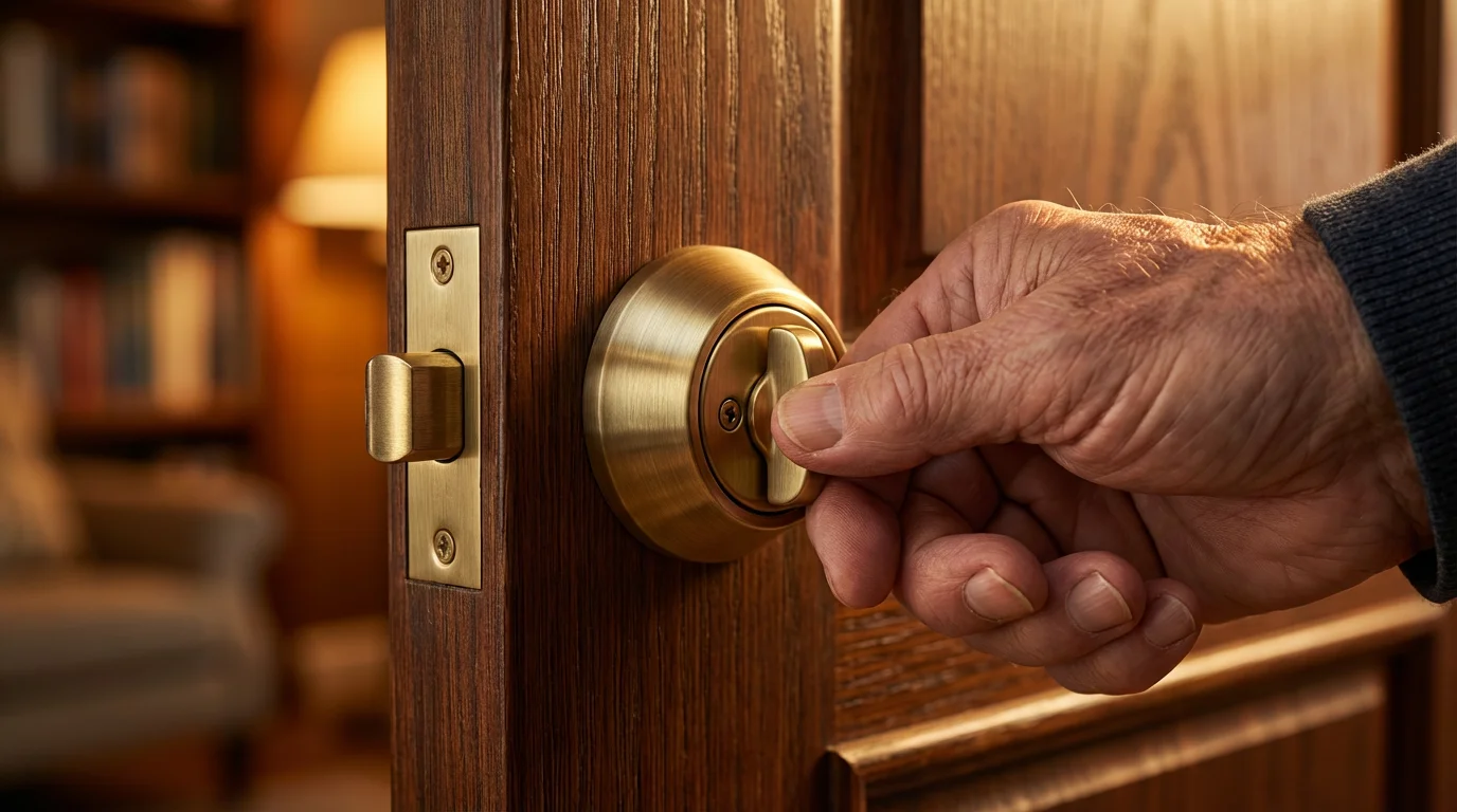 Close-up of a senior's hand locking a high-security deadbolt on a wooden door.