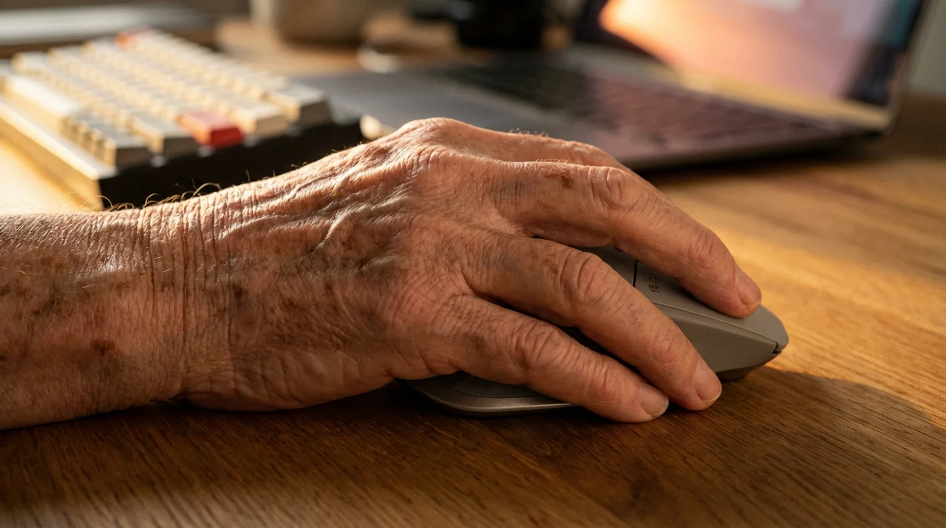 Close-up of a senior's hand on a computer mouse on a wooden desk.