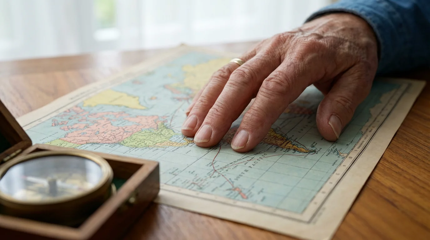 Close-up of a senior's hand pointing to a destination on a world map.