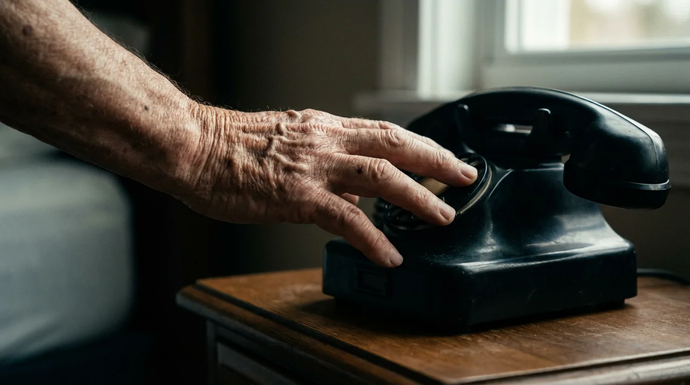 Close-up of a senior's hand reaching urgently for a telephone on a nightstand.
