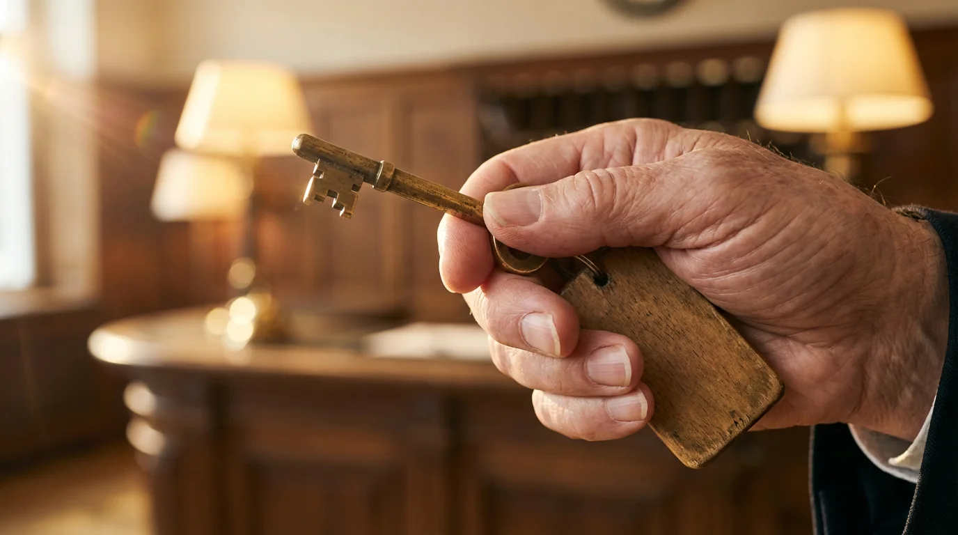 Close-up of a senior's hand receiving a vintage brass hotel key during golden hour.