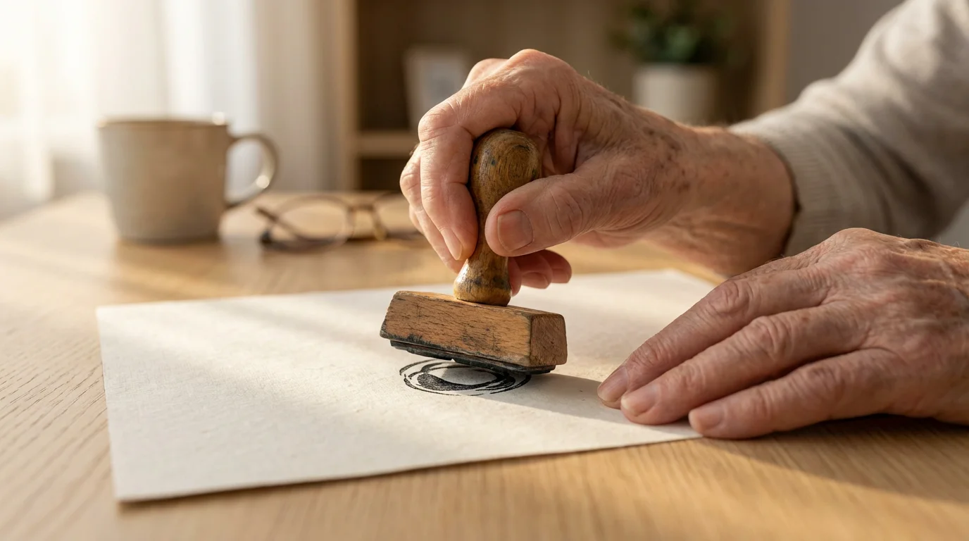 Close-up of a senior's hand stamping a blank document on a desk.
