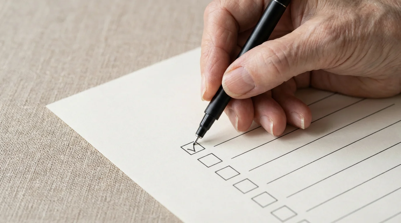 Close-up of a senior's hand ticking a box on a checklist with a pen.