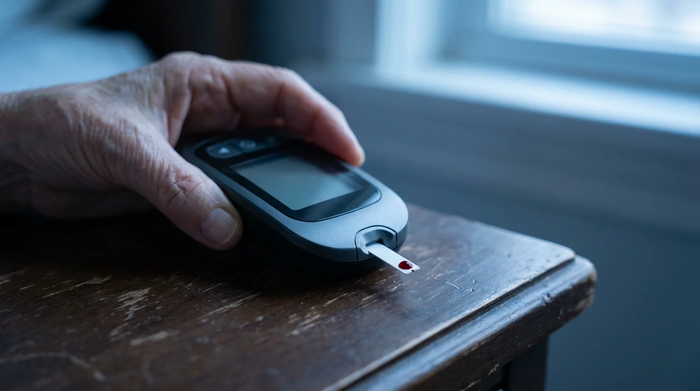 Close-up of a senior's hand using a blood glucose monitor at dusk.