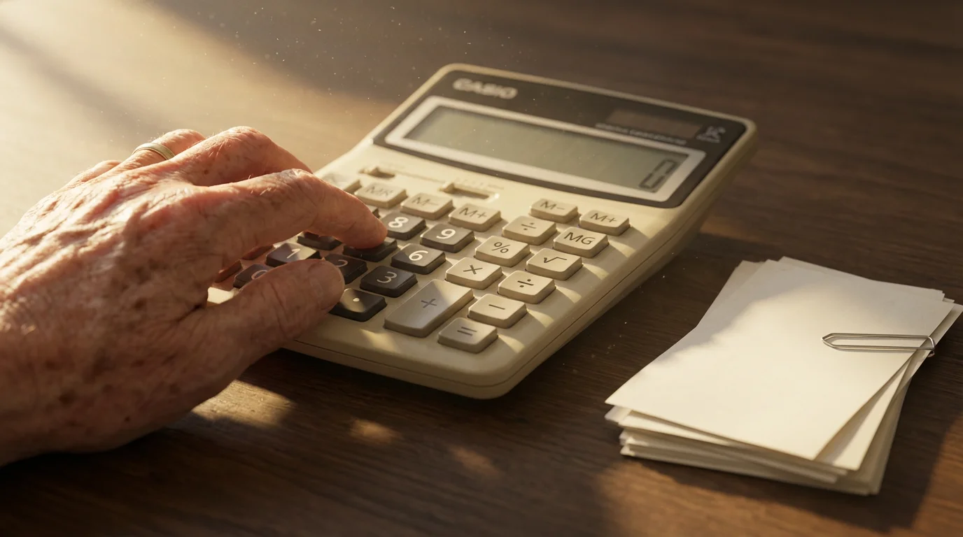 Close-up of a senior's hand using a calculator next to a stack of receipts.
