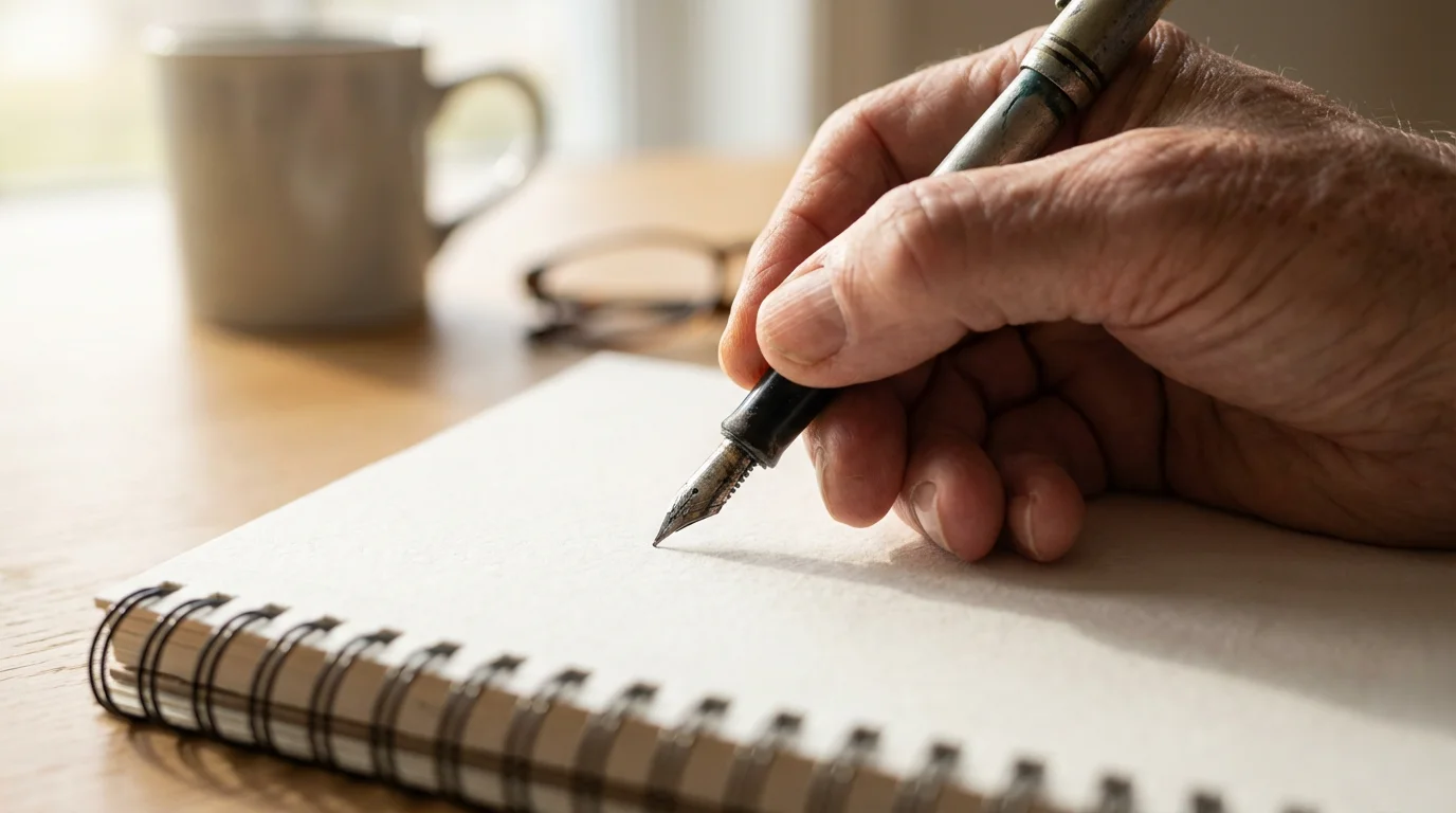 Close-up of a senior's hand with a pen preparing to write in a notebook.