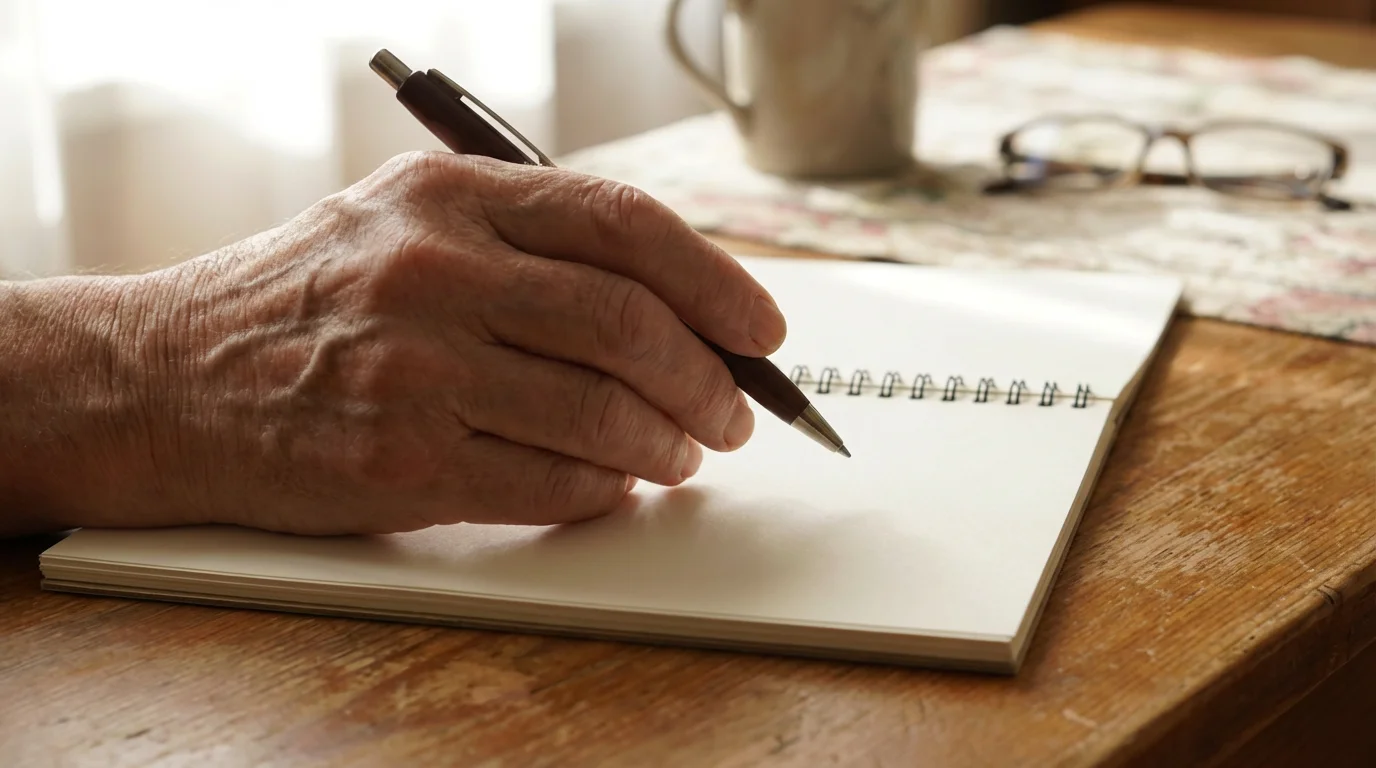 Close-up of a senior's hand with a pen preparing to write in a notebook.