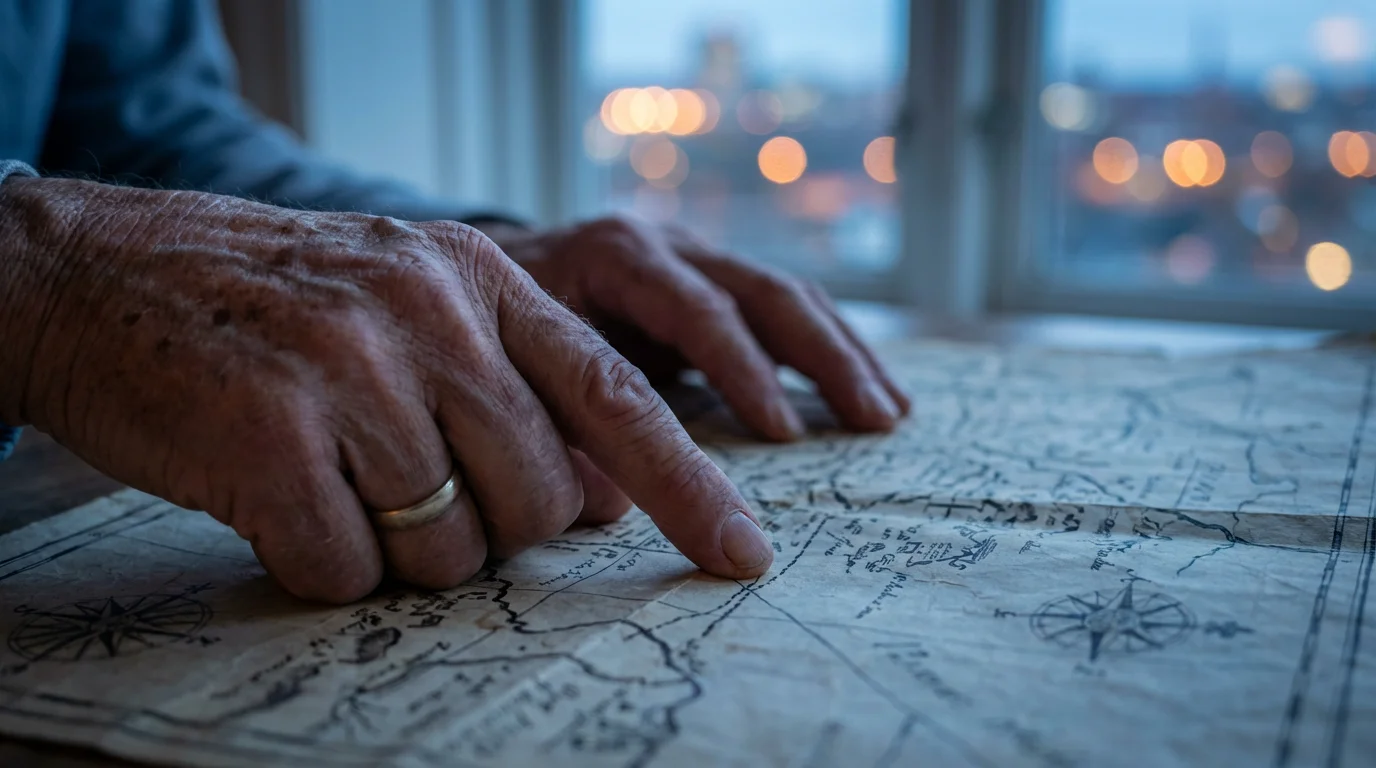 Close-up of a senior's hands holding a paper map at dusk, planning travel.