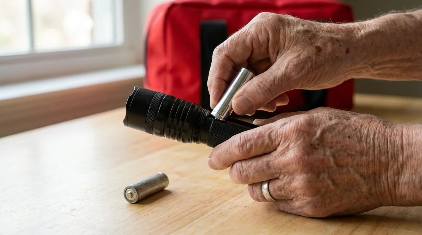 Close-up of a senior's hands replacing the batteries in a black flashlight for an emergency kit.