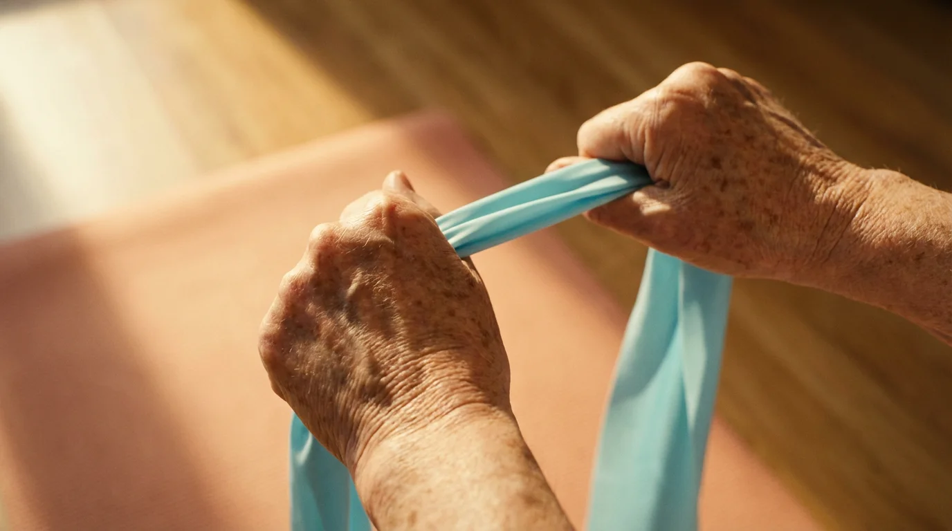 Close-up of a senior's hands stretching a resistance band for gentle joint exercise.
