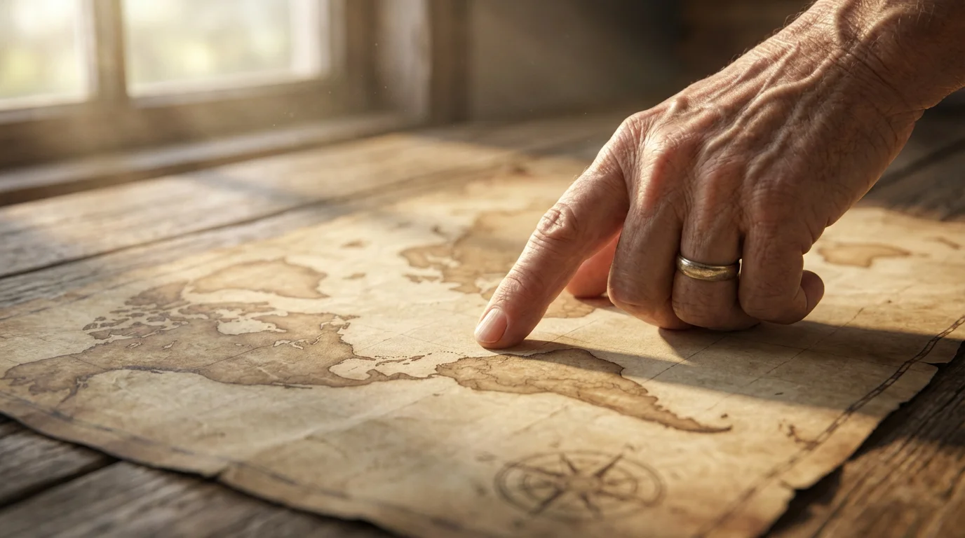 Close-up of a senior's hands tracing a path on a world map.