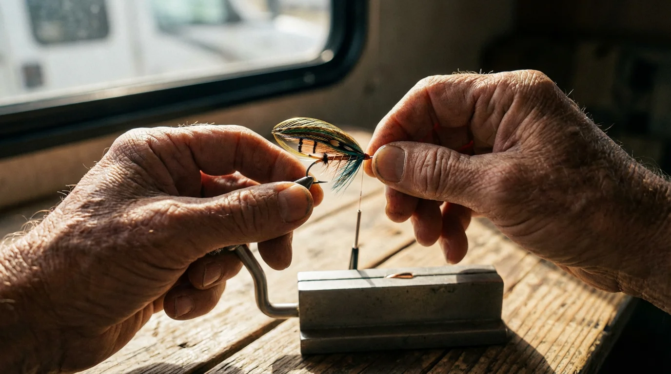 Close-up of a senior's hands tying a colorful fishing fly on a wooden table.