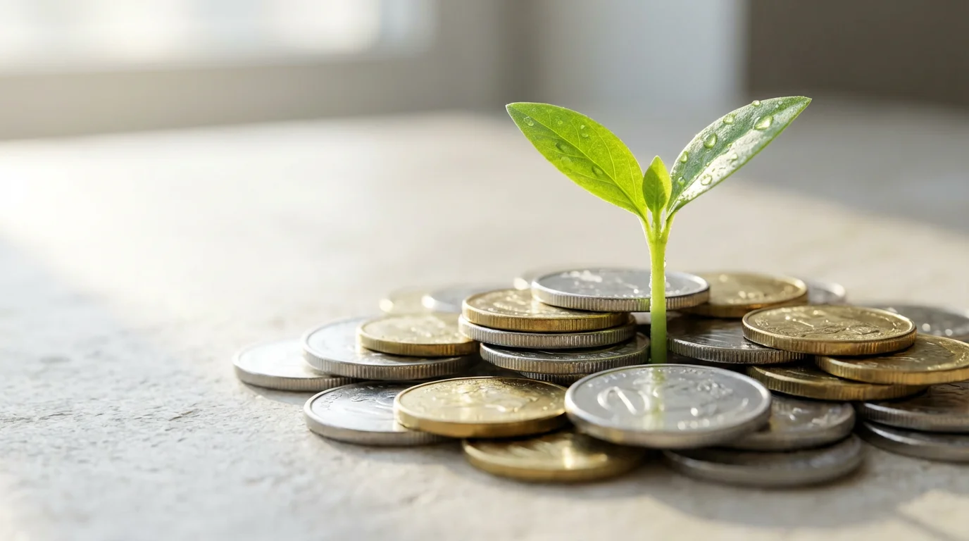 Close-up of a small green plant sprout growing from a pile of shiny coins.