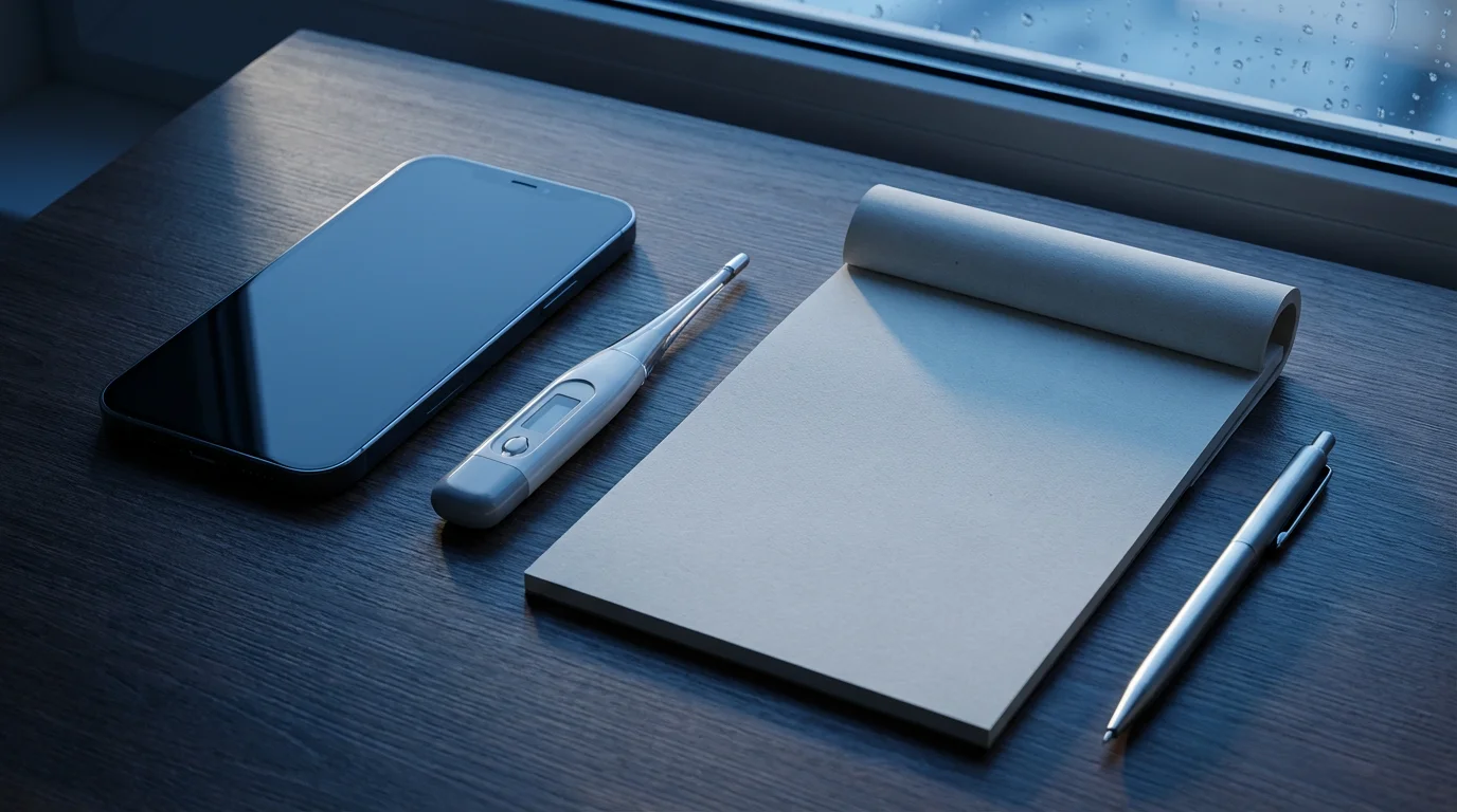 Close-up of a smartphone, thermometer, and notepad arranged for a telehealth appointment at dusk.