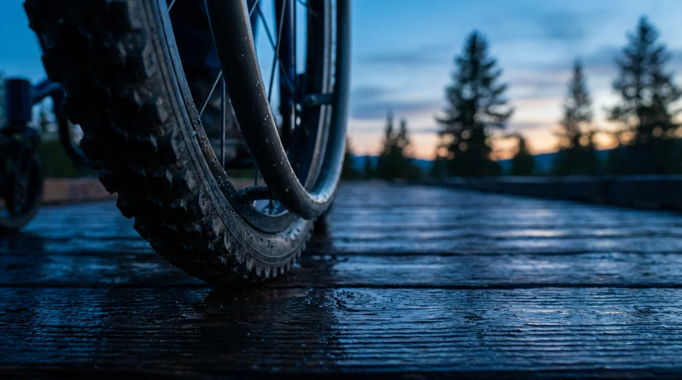 Close-up of a wheelchair wheel on an accessible wooden boardwalk at dusk in a park.