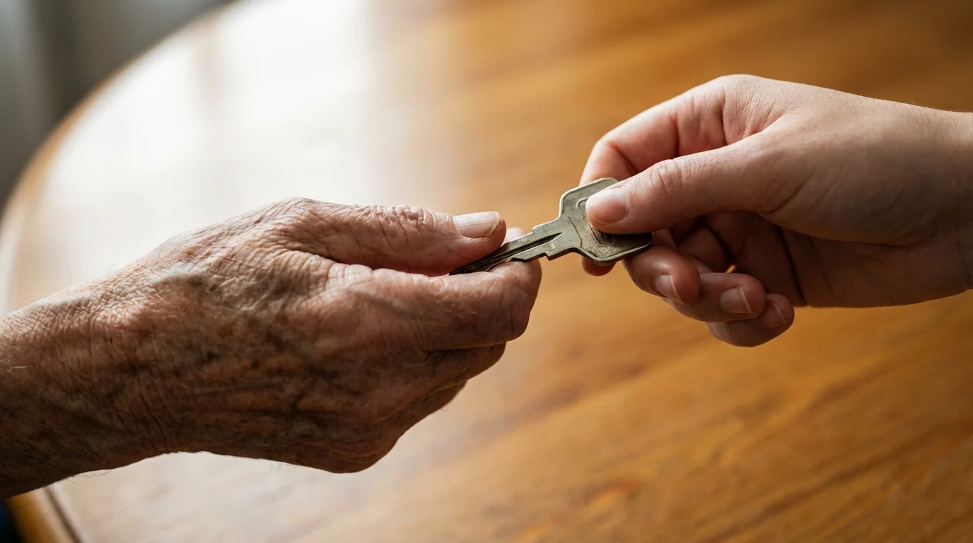 Close-up of a younger hand giving a car key to an older person's hand.