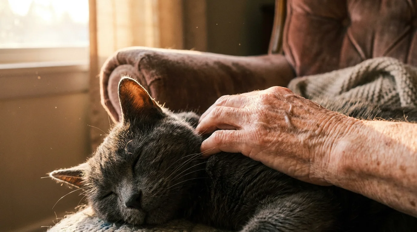 Close-up of an elderly hand gently petting a soft, sleeping cat in warm light.
