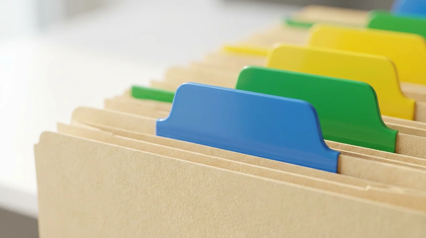 Close-up of colored file folder tabs on a desk representing an organized email inbox.