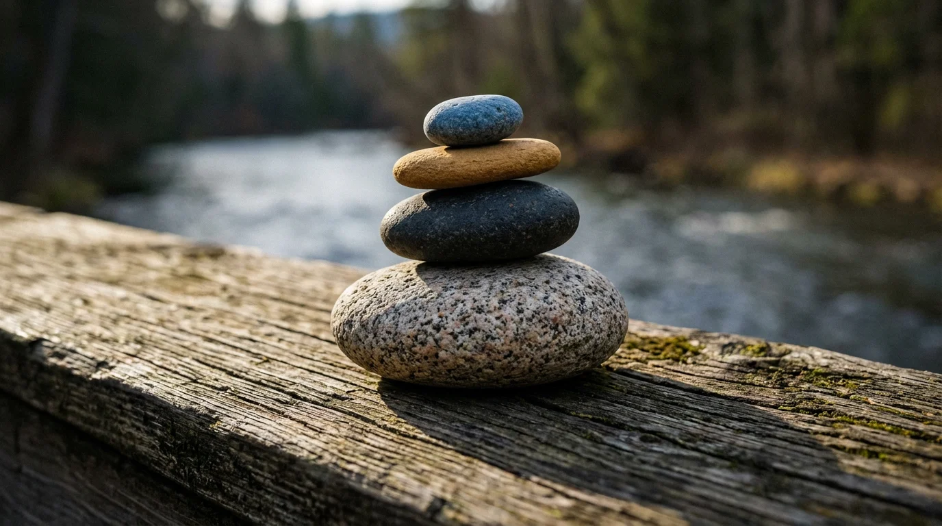 Close-up of four balanced stones stacked in a cairn during a moody afternoon.
