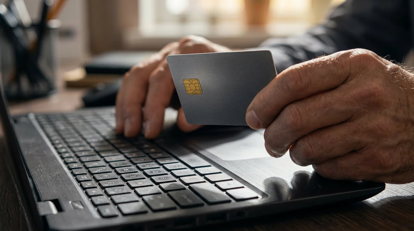 Close-up of hands holding a credit card with a security chip over a laptop.