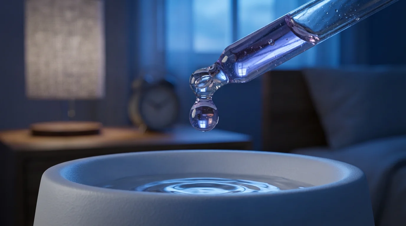 Close-up of lavender oil dropping into an aromatherapy diffuser to improve sleep quality.