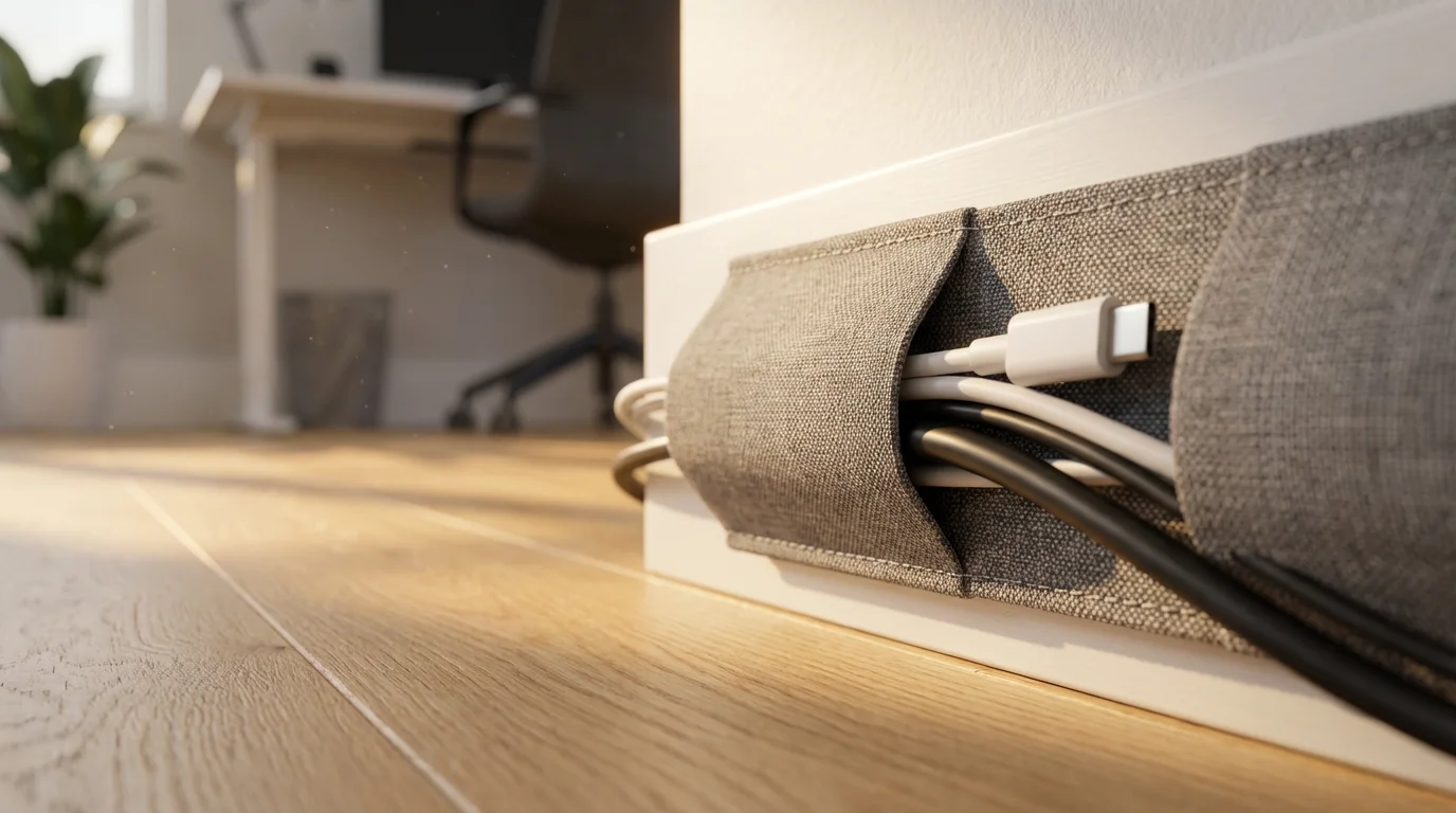 Close-up of neatly organized computer cables in a fabric sleeve along a baseboard.