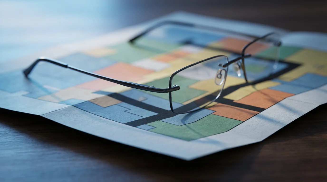 Close-up of reading glasses resting on an abstract museum floor plan during blue hour.