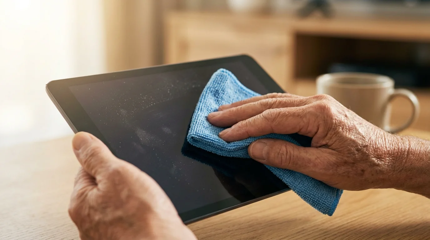 Close-up of senior hands carefully cleaning a dark tablet screen with a microfiber cloth.