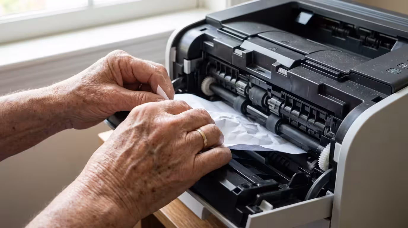 Close-up of senior hands carefully removing a paper jam from an office printer.