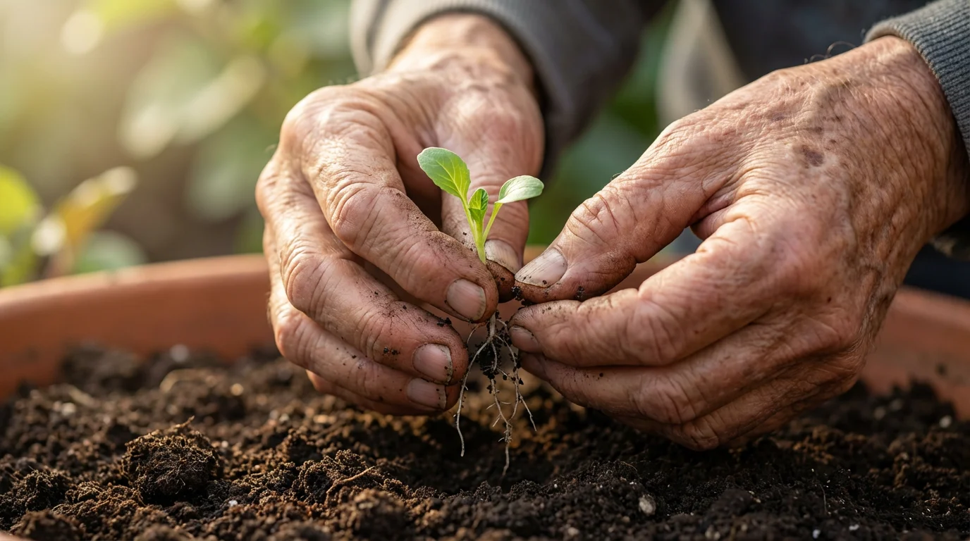 Close-up of senior hands gently holding a small green sprout ready for planting.