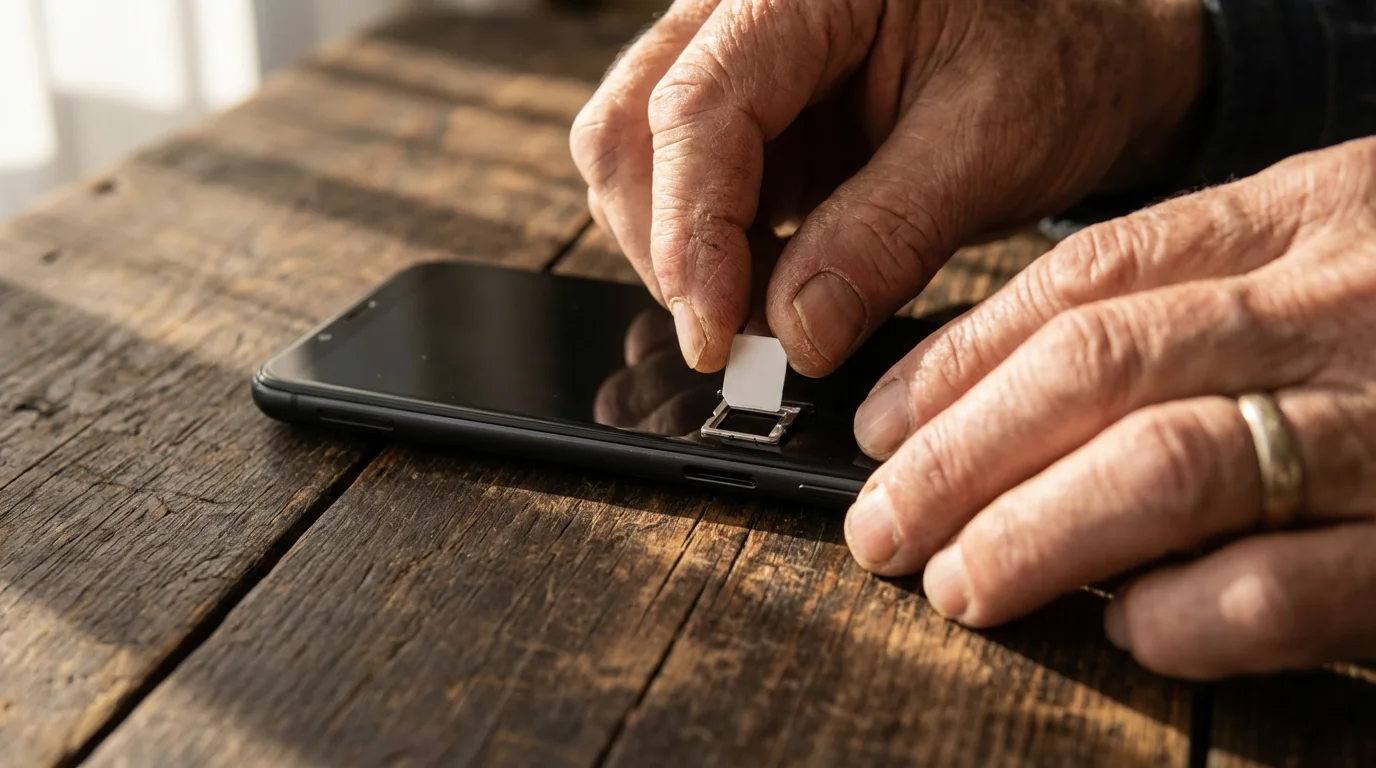 Close-up of senior hands inserting a new SIM card into a smartphone for travel.