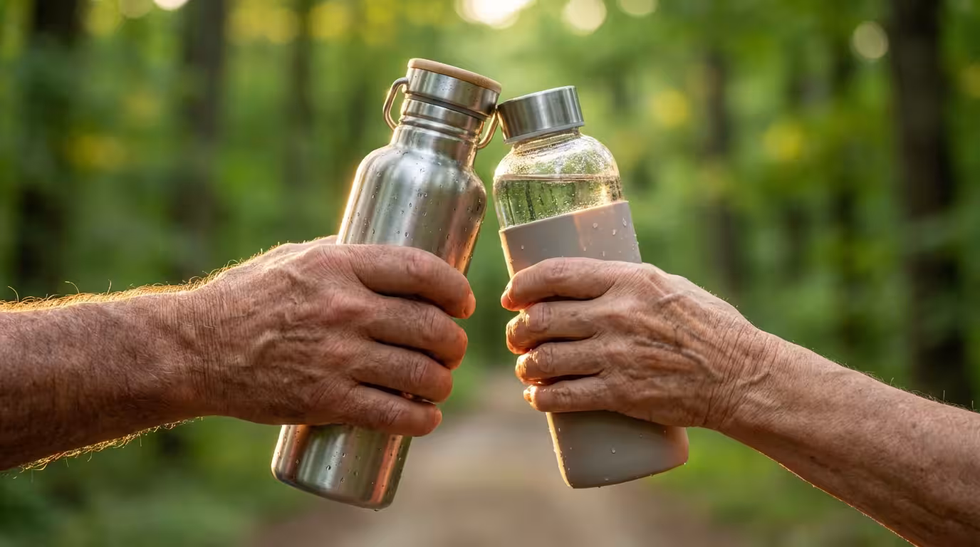 Close-up of two seniors clinking water bottles together while hiking during golden hour.