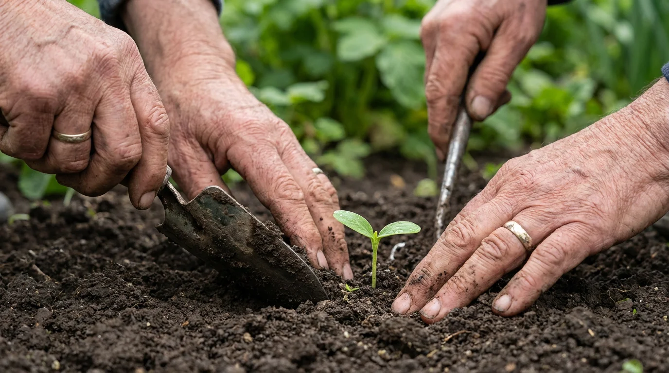 Close-up of two seniors' hands gardening together, carefully tending to a new green sprout.