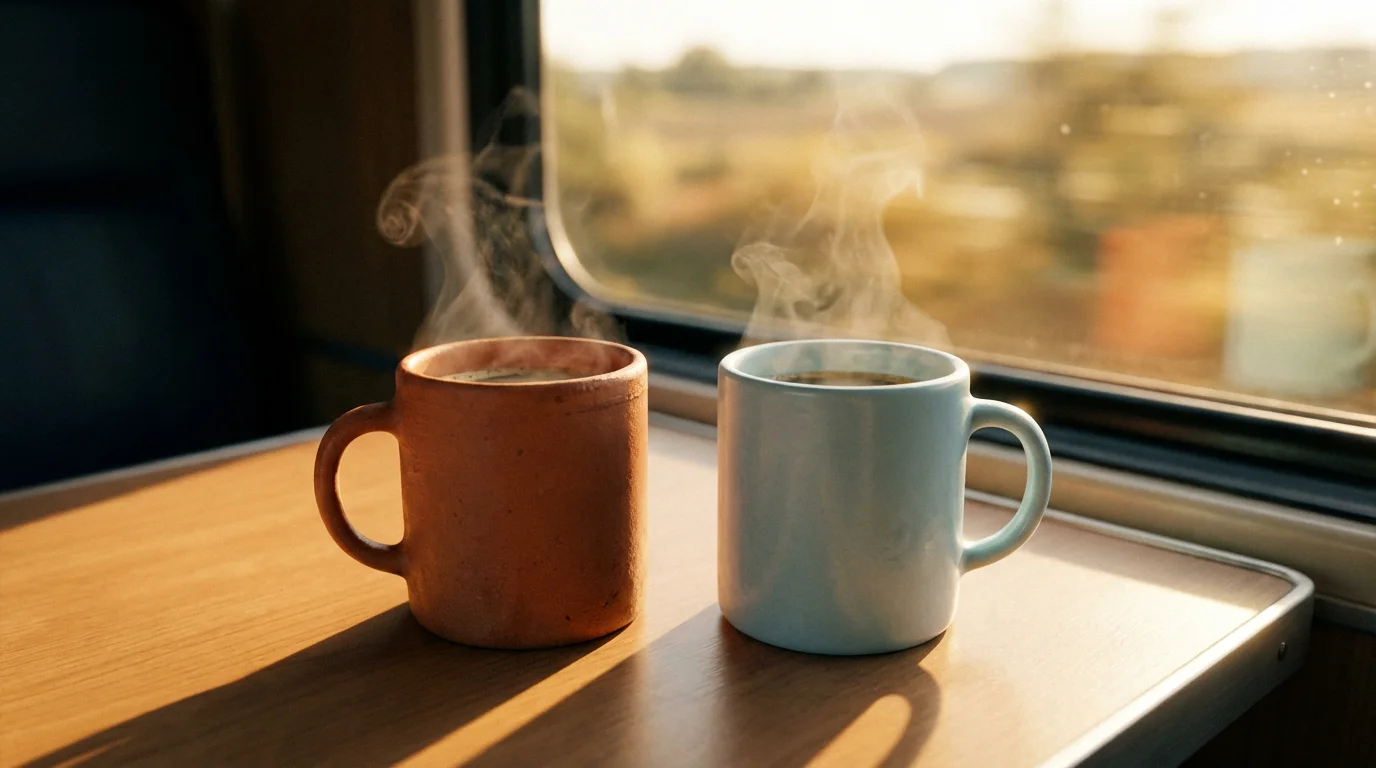 Close-up of two steaming coffee mugs on a train table during a golden hour sunset.