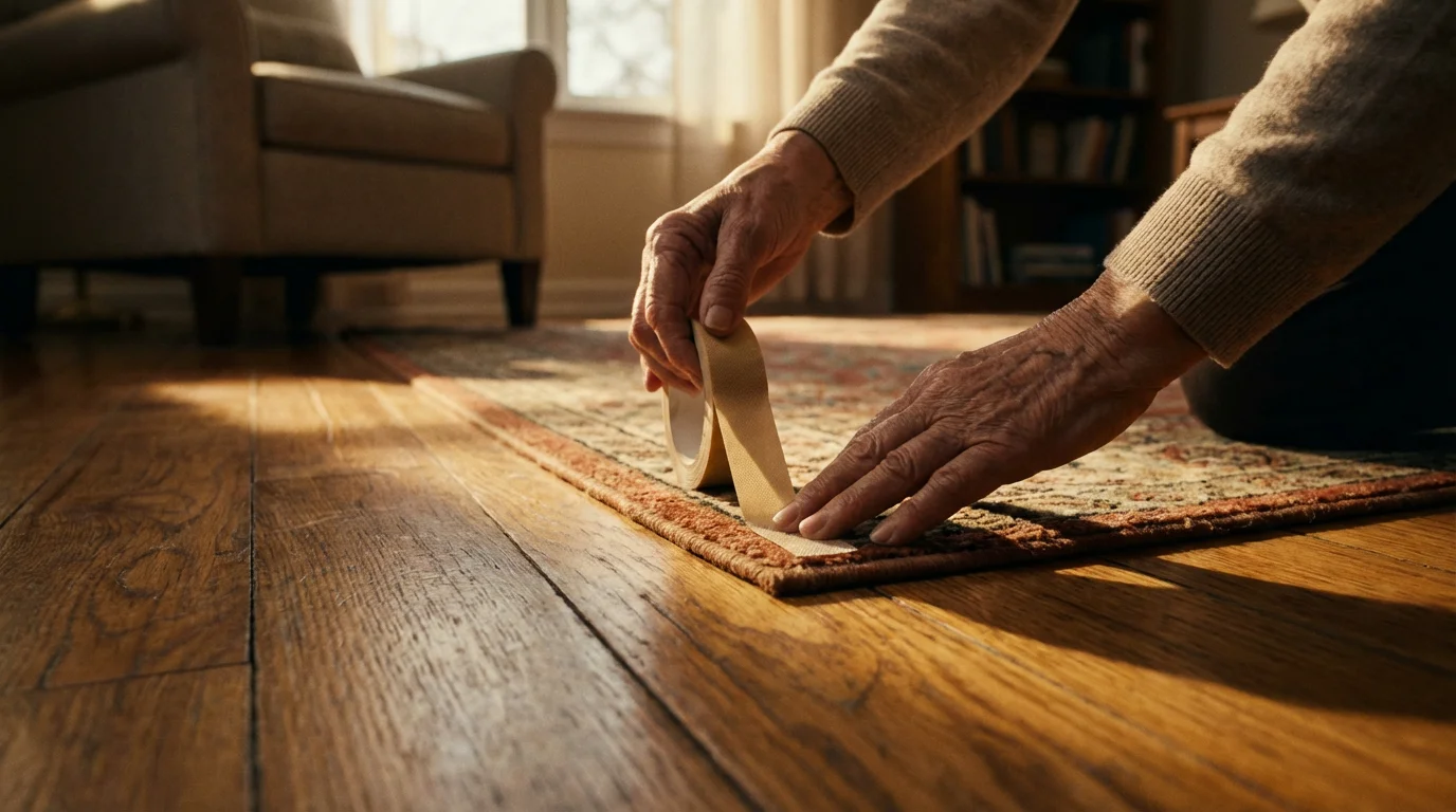 Close-up on a senior's hands applying anti-slip tape to a rug corner.