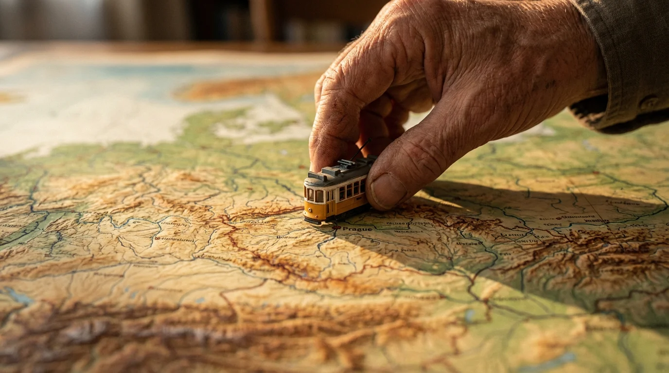 Close-up photo of a senior's hand placing a miniature tram on a map of Europe.
