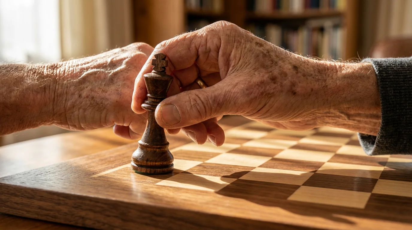 Close-up photo of an elderly hand strategically moving a king chess piece on a board.